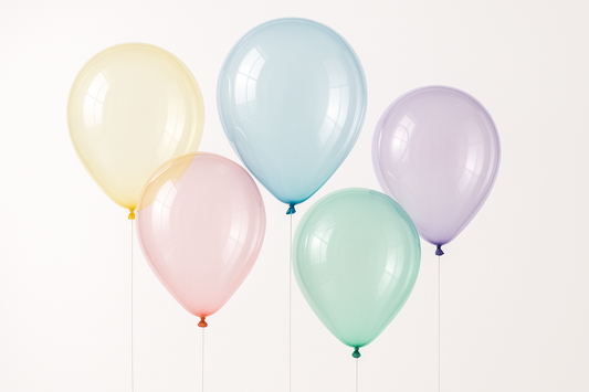 Clear pink, Clear yellow, Clear blue, clear purple, clear green helium latex balloons 